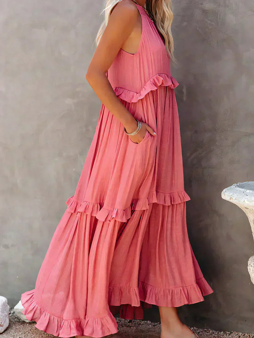 VIVIANA – HALTER RUFFLE TRIM MIDI DRESS