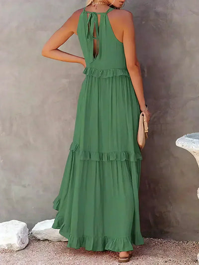 VIVIANA – HALTER RUFFLE TRIM MIDI DRESS