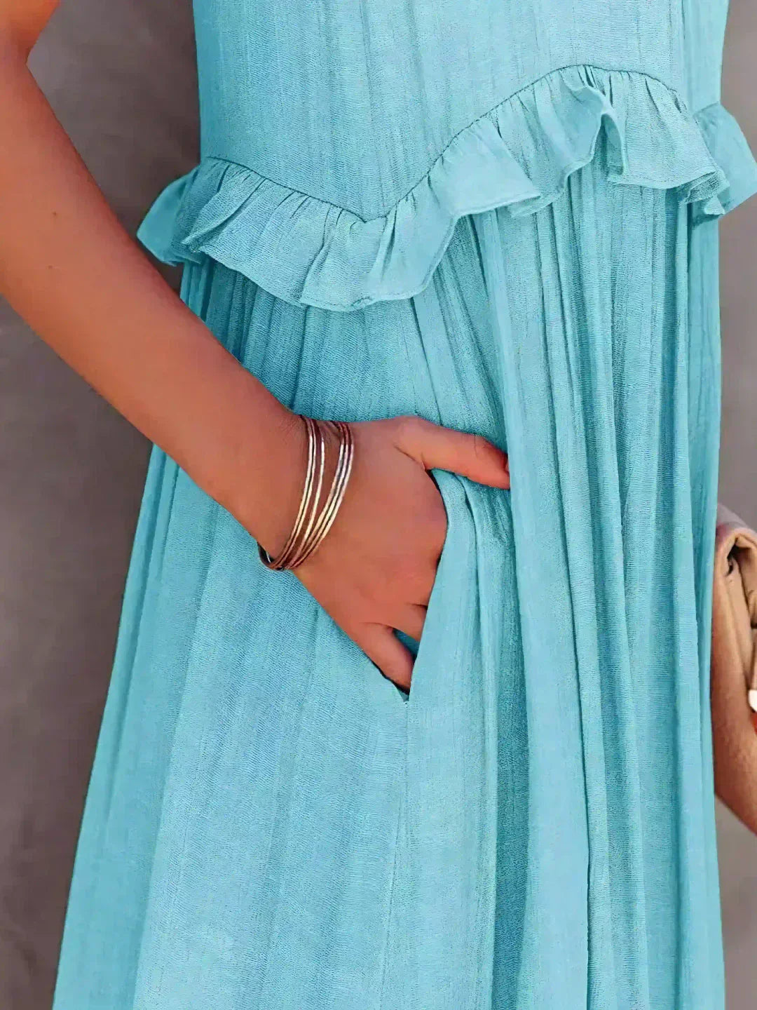 VIVIANA – HALTER RUFFLE TRIM MIDI DRESS