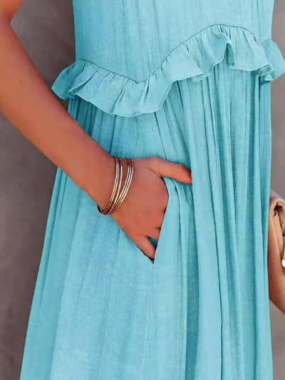 VIVIANA – HALTER RUFFLE TRIM MIDI DRESS