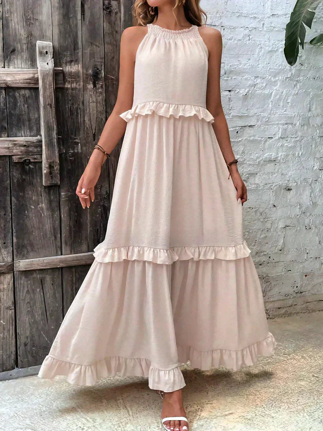 VIVIANA – HALTER RUFFLE TRIM MIDI DRESS