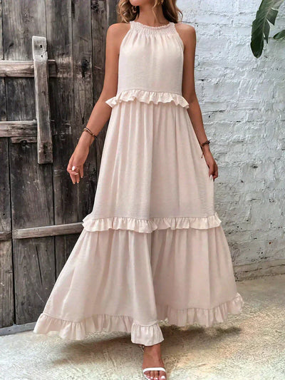 VIVIANA – HALTER RUFFLE TRIM MIDI DRESS