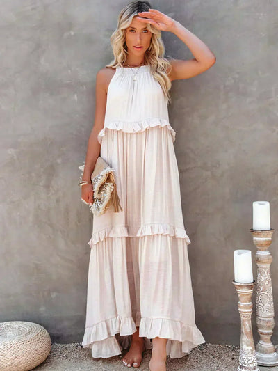 VIVIANA – HALTER RUFFLE TRIM MIDI DRESS
