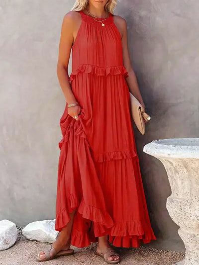 VIVIANA – HALTER RUFFLE TRIM MIDI DRESS