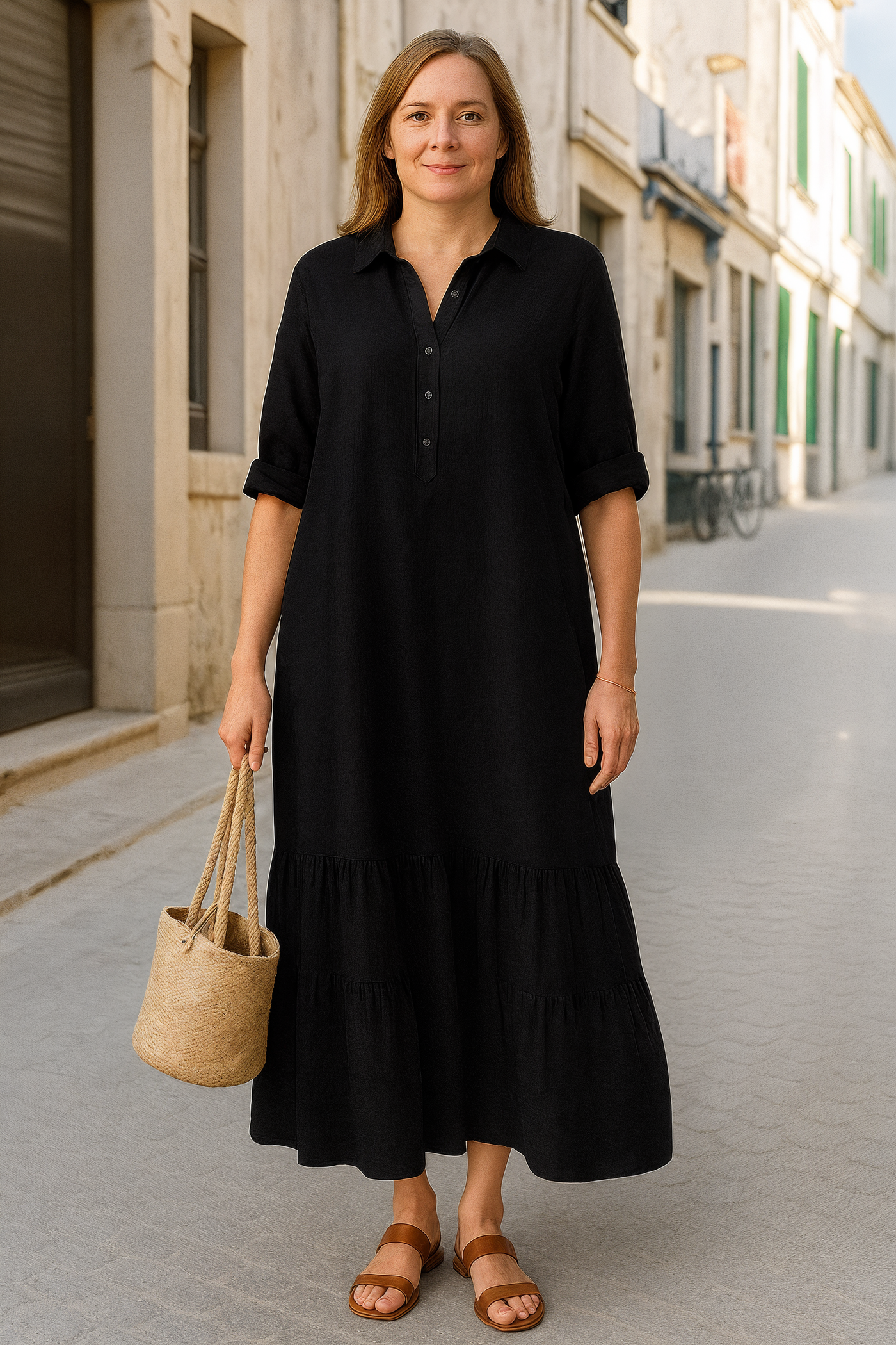 Danica - Tummy-Friendly Half-Button Tiered Midi Dress