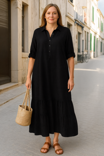 Danica - Tummy-Friendly Half-Button Tiered Midi Dress