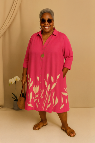 Mirasol - Tummy-Friendly Bold Pink Shirt Dress
